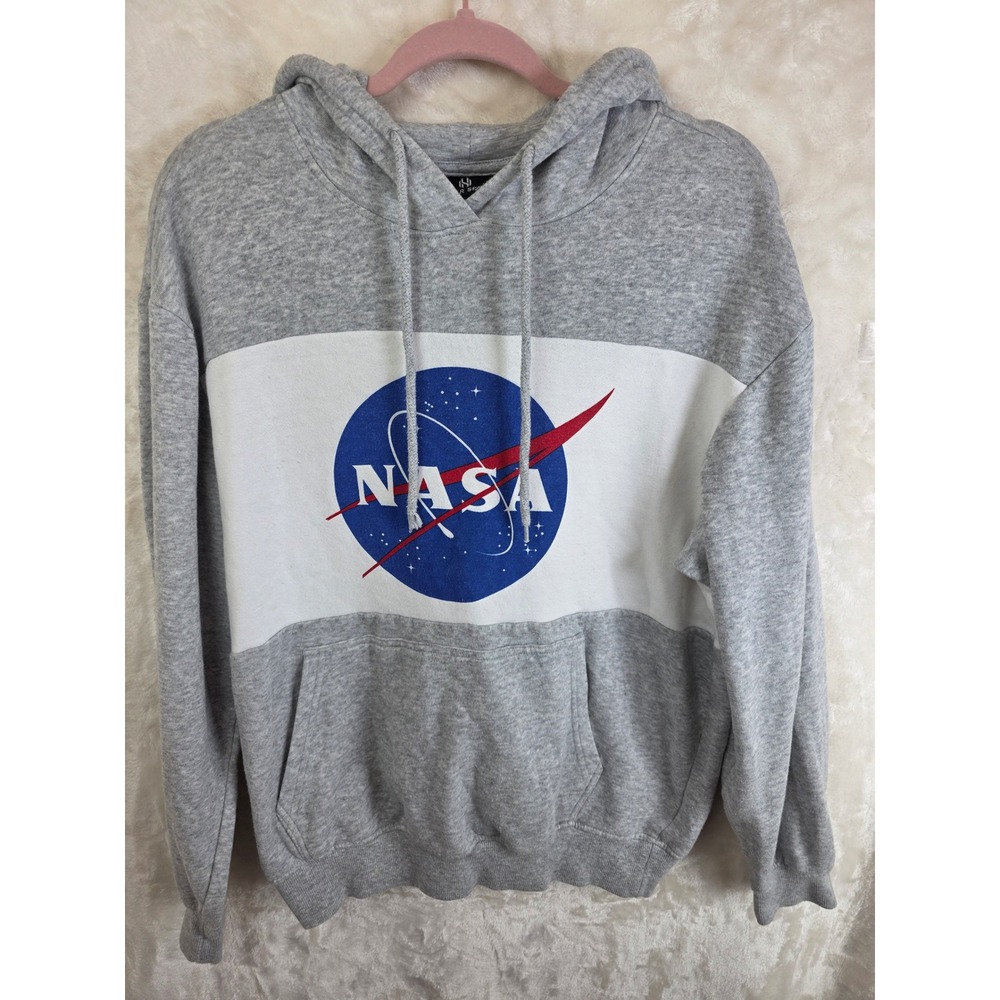 Hyper‎ Space NASA Hoodie Heather Gray White Colorblock Graphic Sweatshirt Mens M